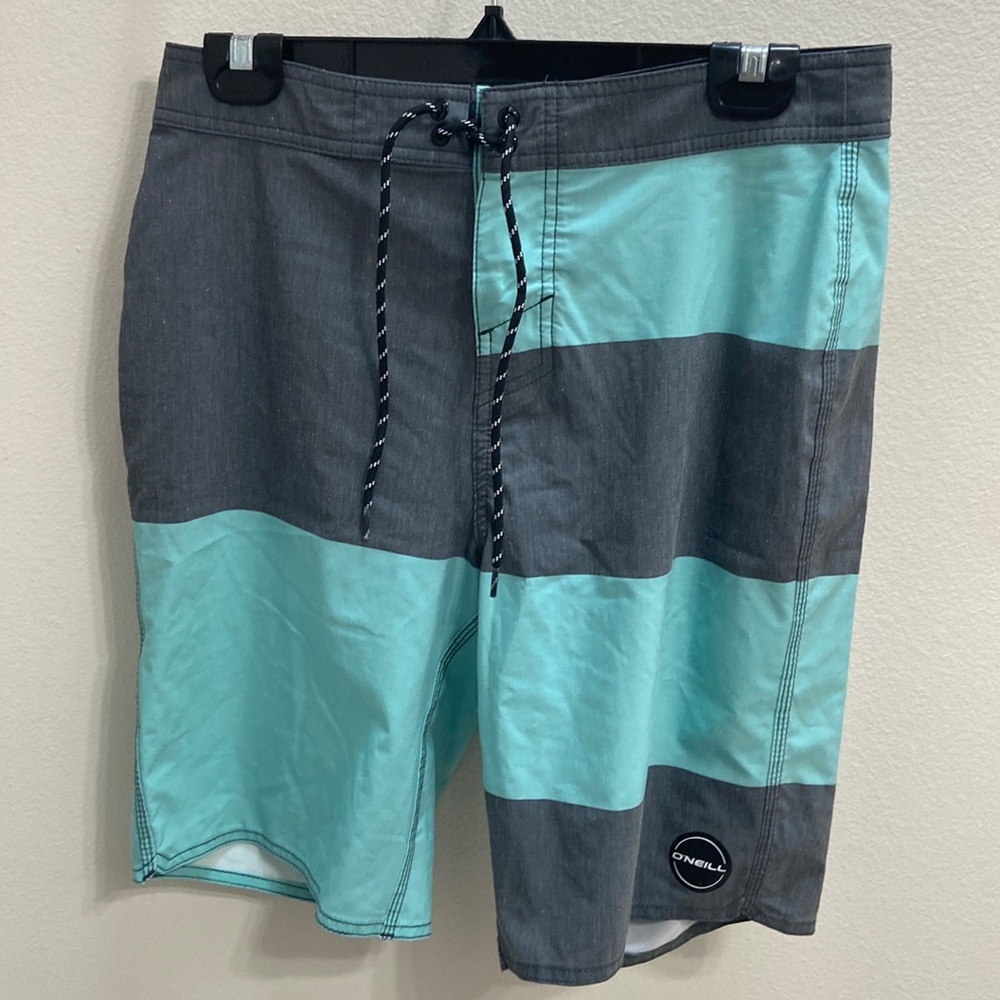 Men’s O’Neill Aqua Blue and Grey Striped Board Shorts. Size 30.